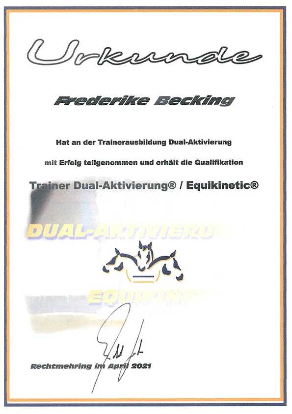 Frederike Becking Zertifizierte Trainering für Equikinetic und Dual-Aktivierung nach Michael Geitner